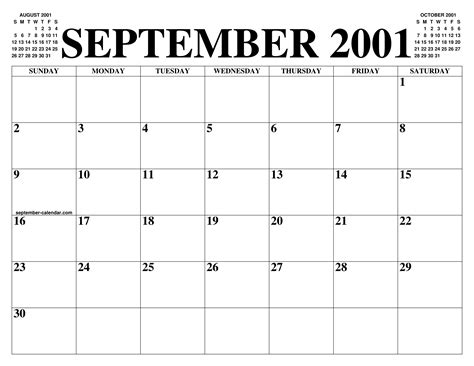 Calendar Of September 2001
